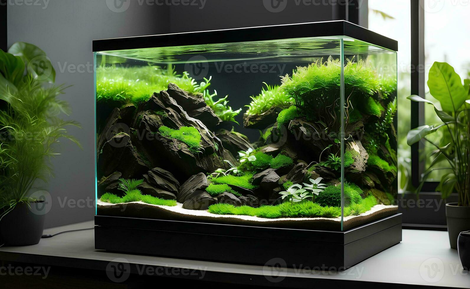 Natur Nano Aquarium mit zart Einzelheiten im Leben Zimmer. foto