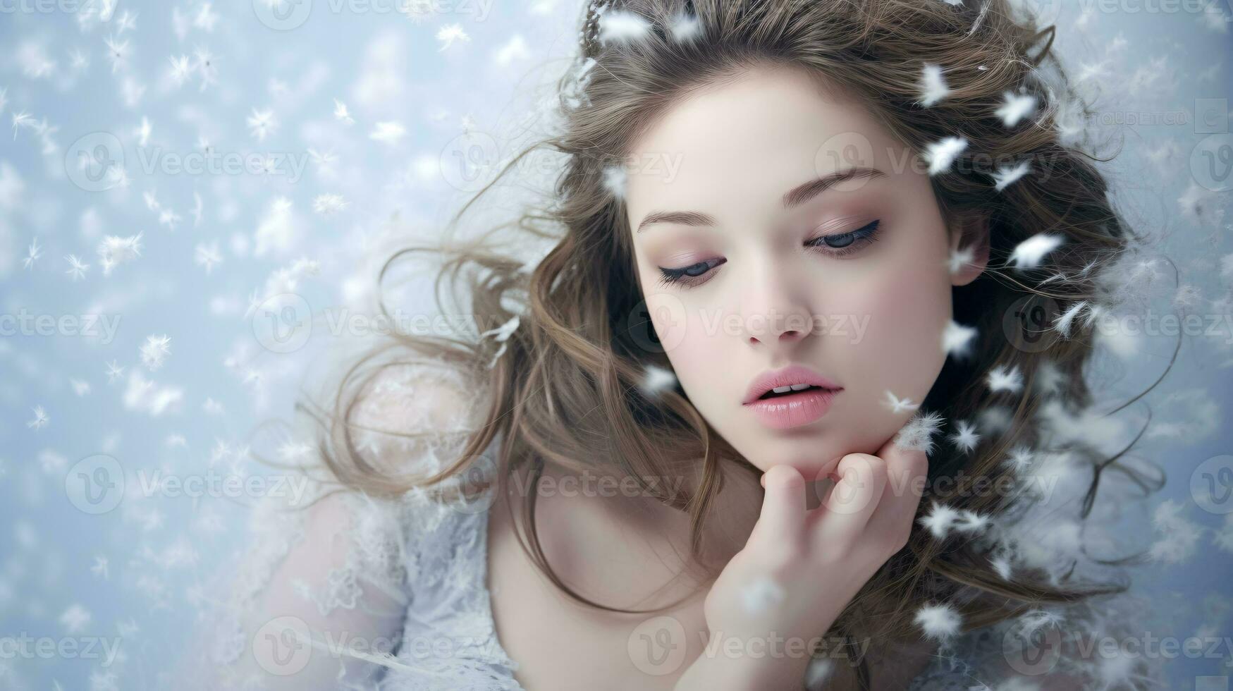 ai generiert gefroren Eleganz zauberhaft Winter Wunderland mit fallen Schneeflocken, mit ein Modell- im traumhaft Gelassenheit foto