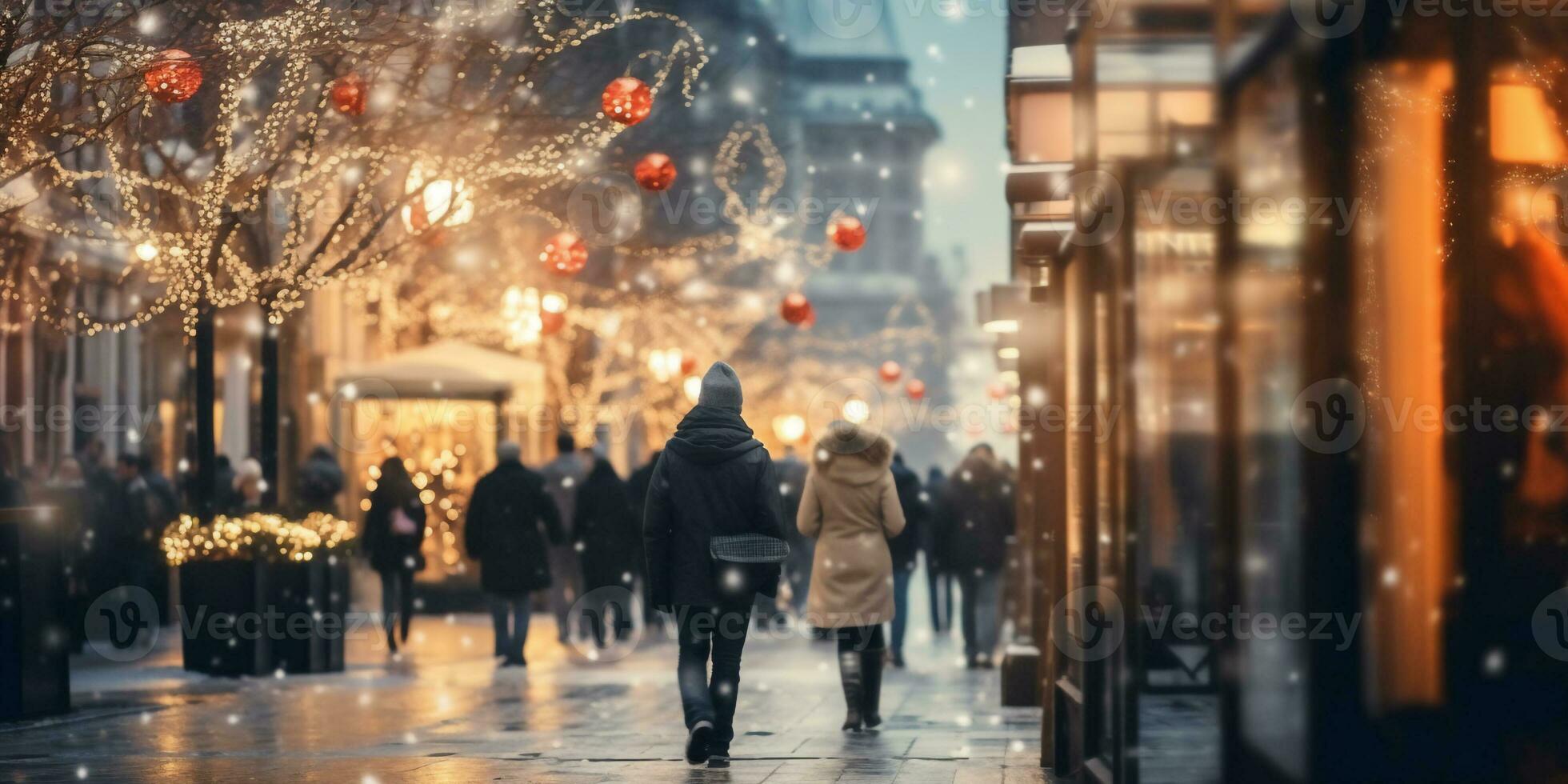 Bewegung verschwommen Straße Aussicht und Bewegung verschwommen prople Gehen entlang das Straße im Winter Jahreszeit, Winter Weihnachten Markt foto