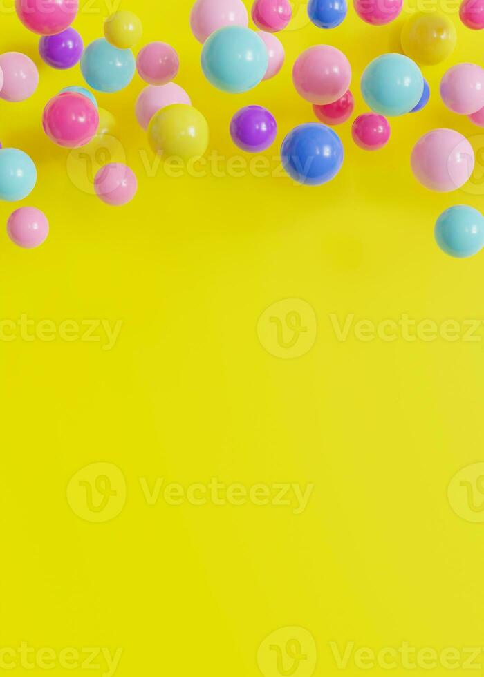 beschwingt, mehrfarbig Bälle, Luftballons auf Gelb Hintergrund, Ideal zum festlich oder spielerisch Themen. leer, Kopieren Raum. Hintergrund zum Party oder Feier Einladungen, Kinder- Parteien, abspielen Zentren. 3d. foto