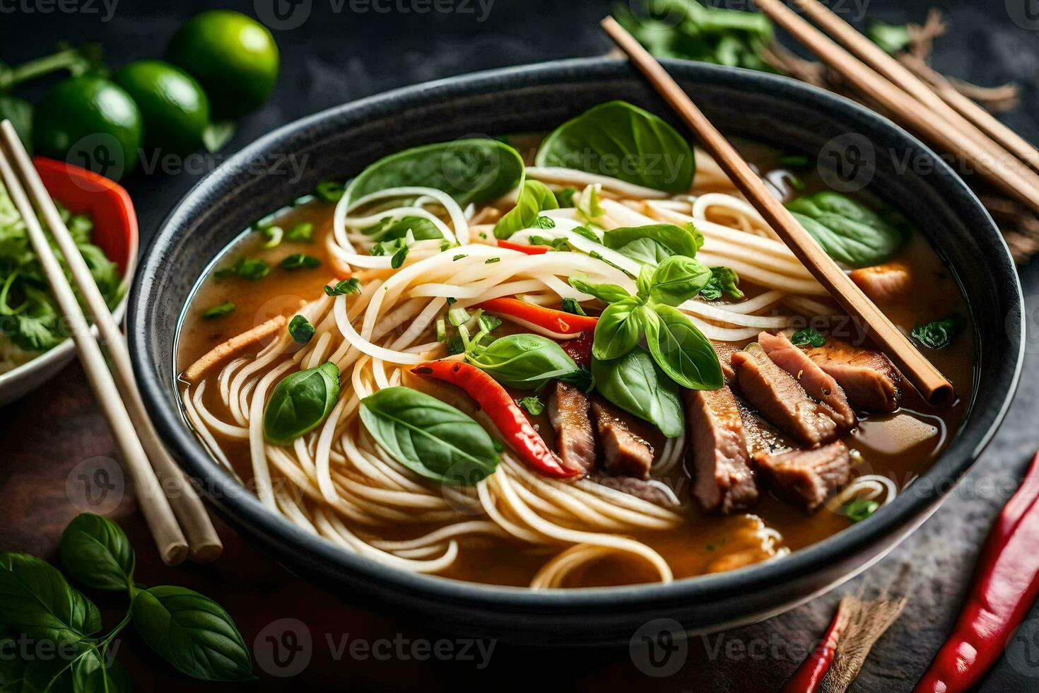 Chinesisch Nudeln mit Fleisch und Gemüse im ein Schüssel. KI-generiert foto