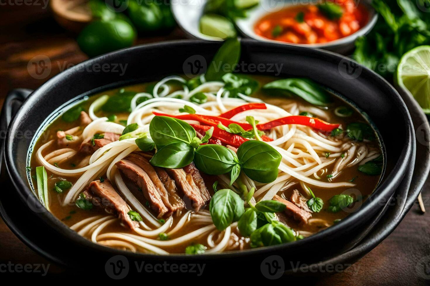 ein Schüssel von pho Suppe mit Rindfleisch und Gemüse. KI-generiert foto