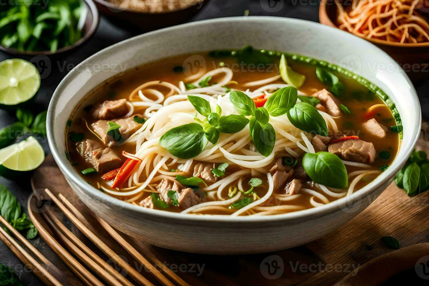 Hähnchen Nudel Suppe mit Huhn, Schweinefleisch und Gemüse. KI-generiert foto