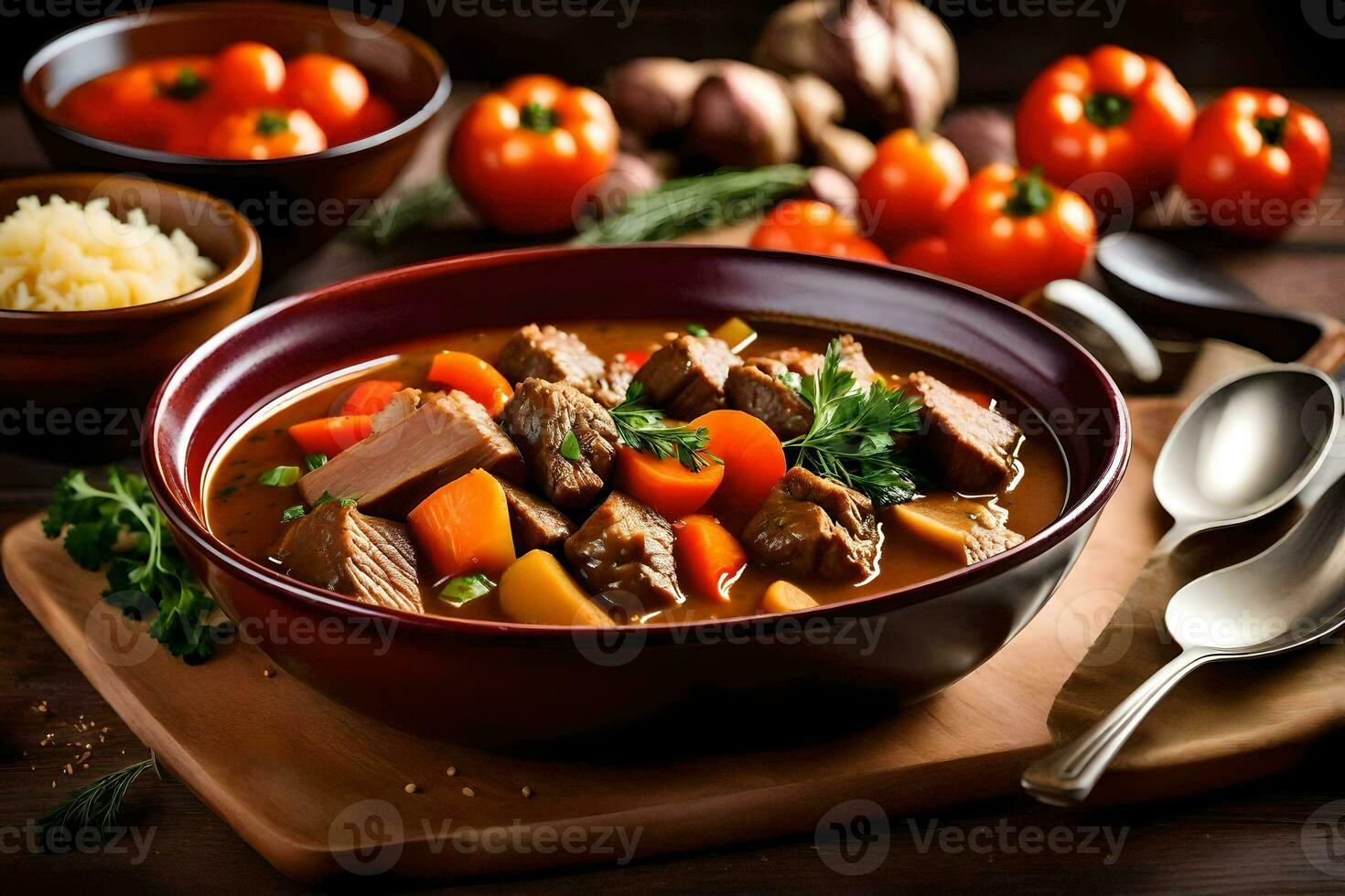 ein Schüssel von Rindfleisch Eintopf mit Gemüse und Möhren auf ein hölzern Schneiden Tafel. KI-generiert foto