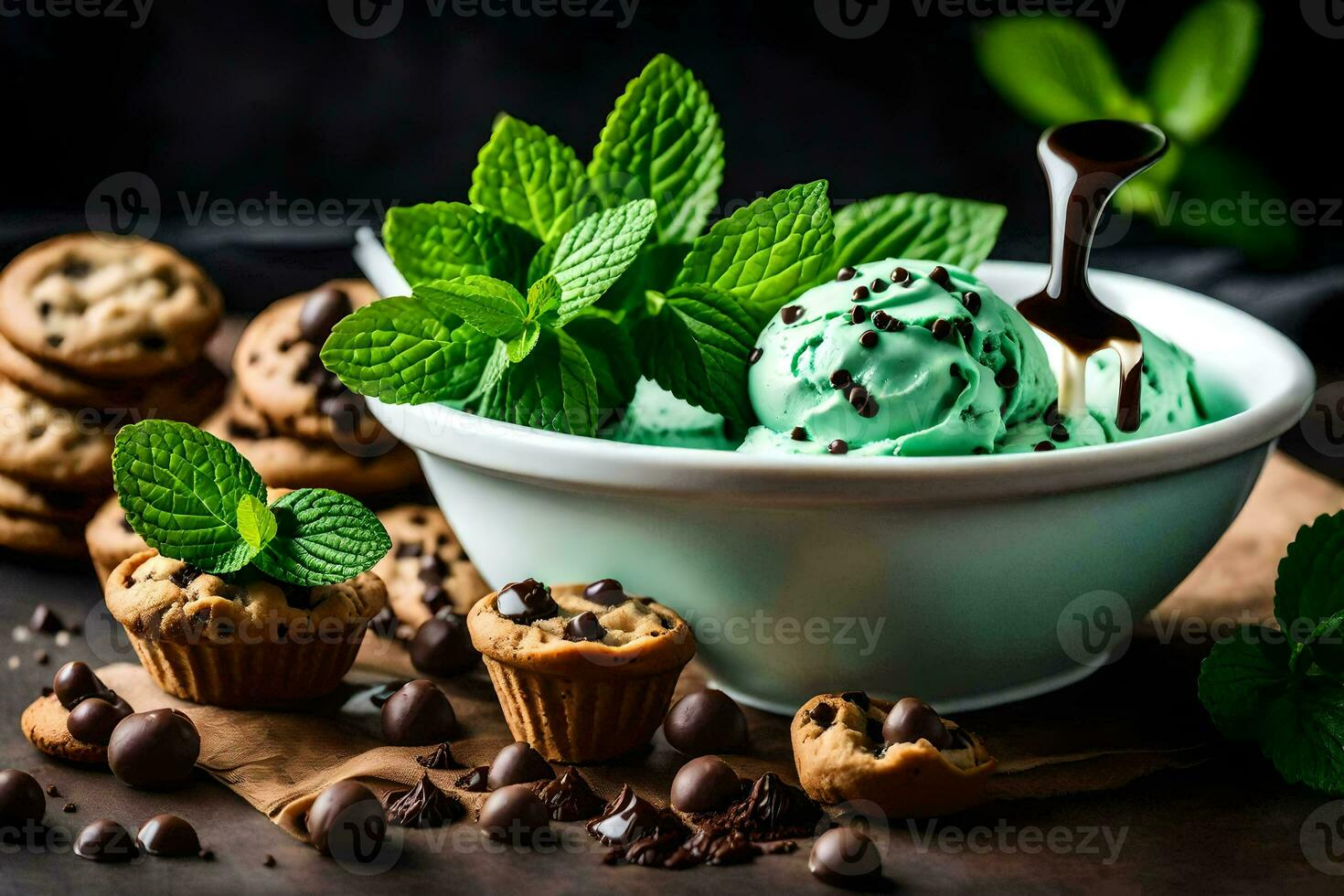 Schokolade Chip Kekse und Minze Eis Sahne im ein Schüssel. KI-generiert foto