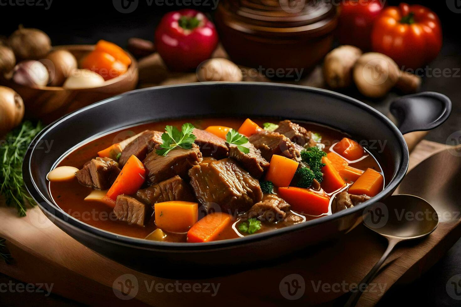 Rindfleisch Eintopf im ein schwarz Schüssel mit Gemüse und Gewürze. KI-generiert foto
