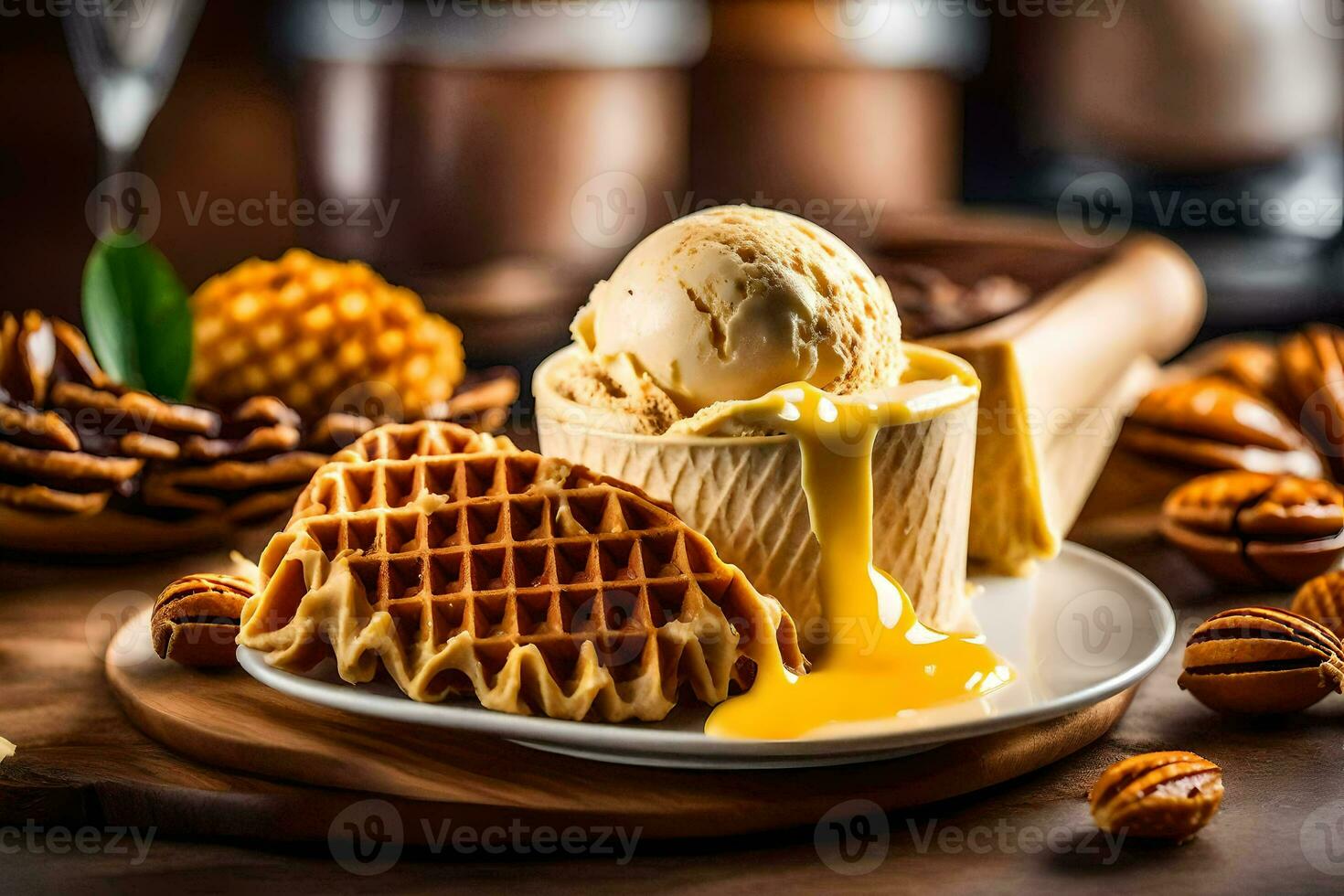 das Waffel Kegel mit Eis Sahne und Sirup. KI-generiert foto