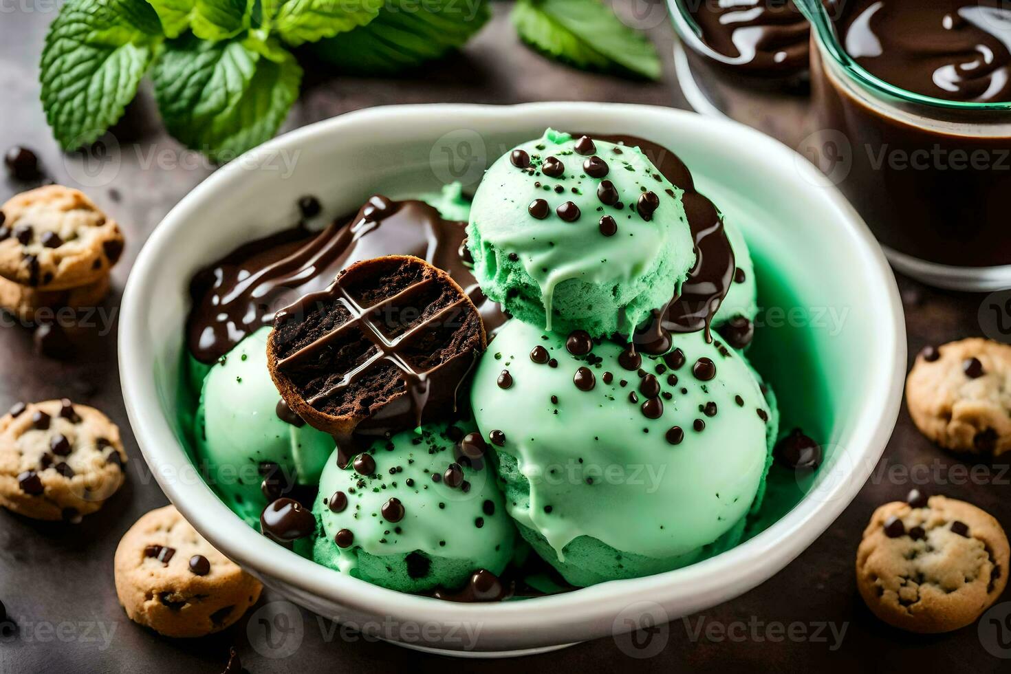 Schokolade Minze Eis Sahne im ein Schüssel mit Kekse und Minze. KI-generiert foto