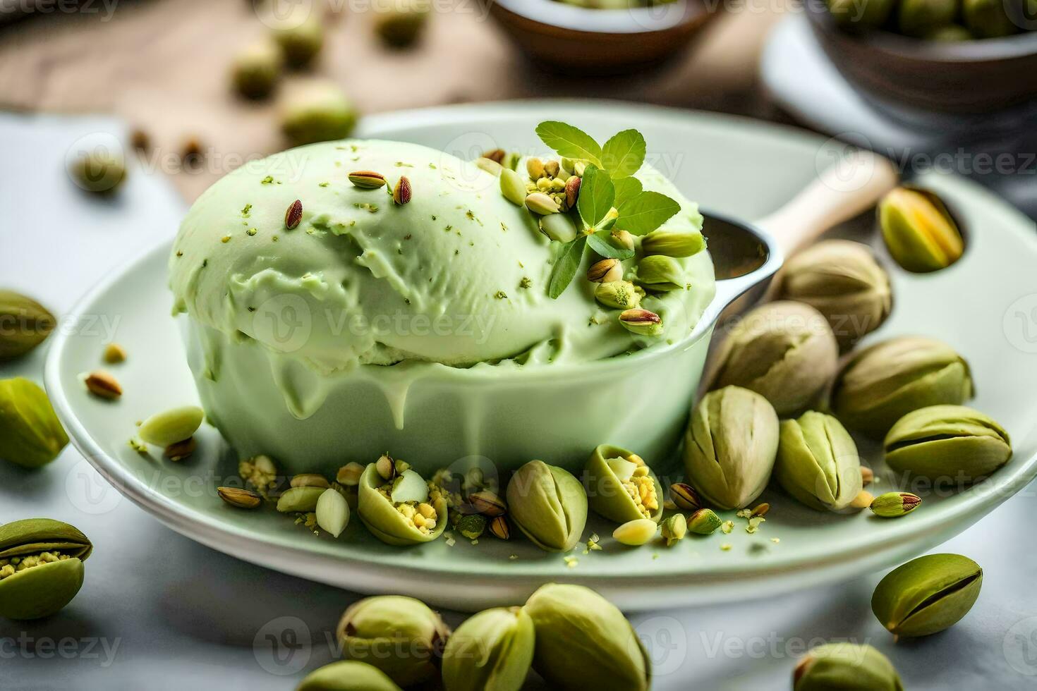 Pistazie Eis Sahne mit Pistazie Nüsse auf ein Weiß Platte. KI-generiert foto