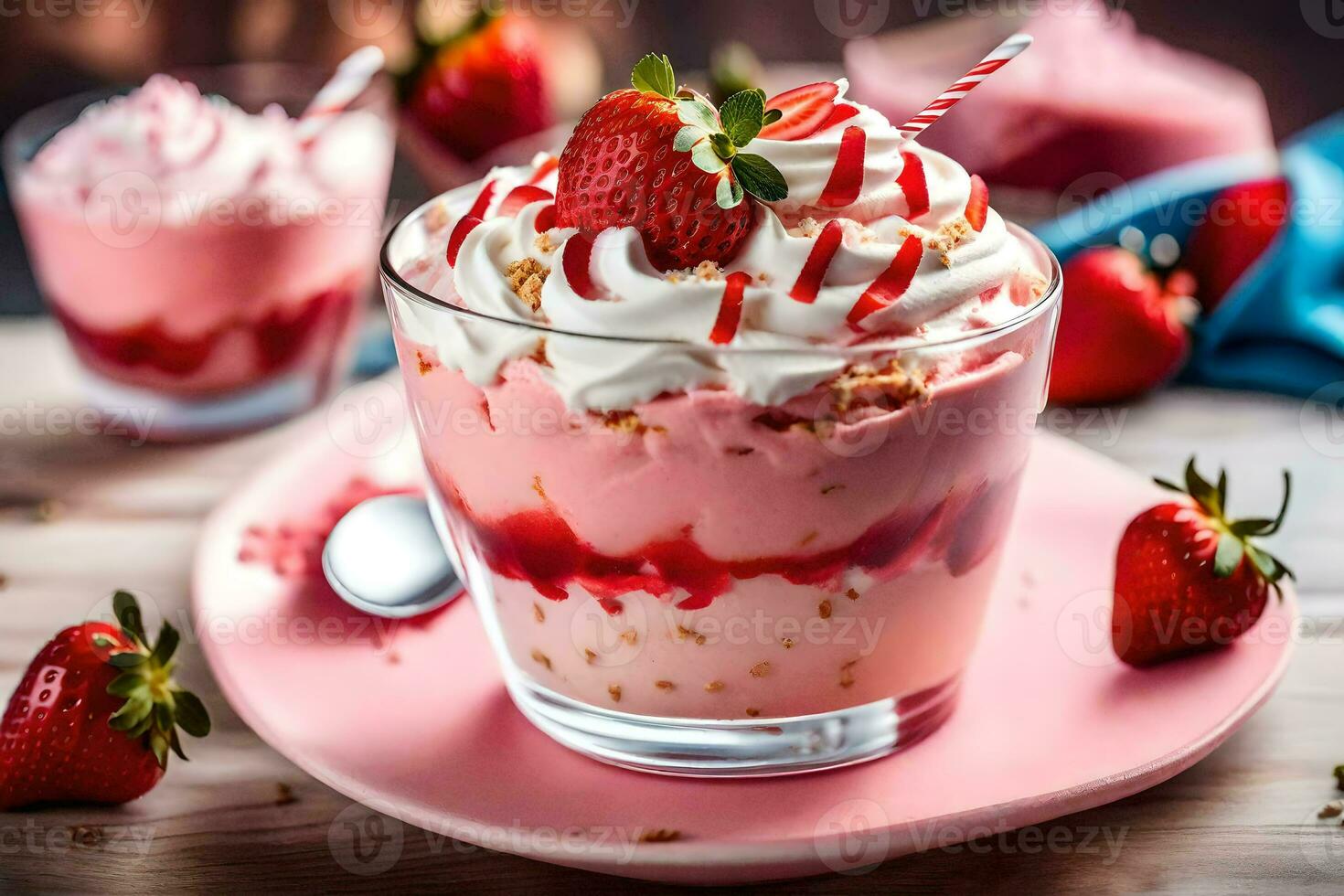 Erdbeere Käsekuchen Dessert mit ausgepeitscht Sahne und Erdbeeren. KI-generiert foto