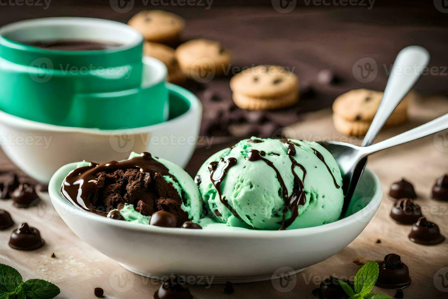 ein Schüssel von Minze Schokolade Chip Eis Sahne mit Minze Schokolade Chips und Kekse. KI-generiert foto