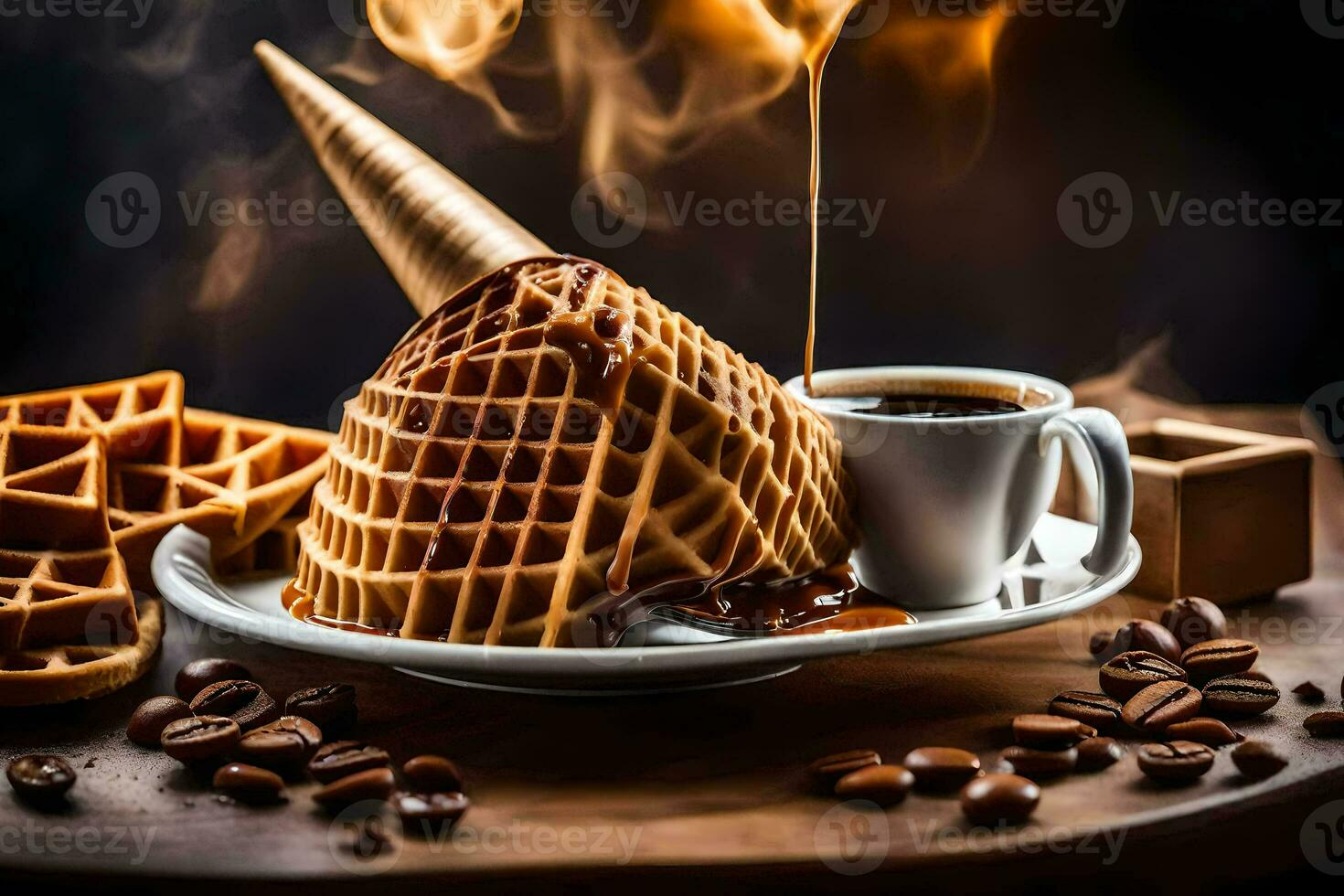 Kaffee Bohnen, Waffeln und ein Tasse von Kaffee sind auf ein hölzern Tisch. KI-generiert foto