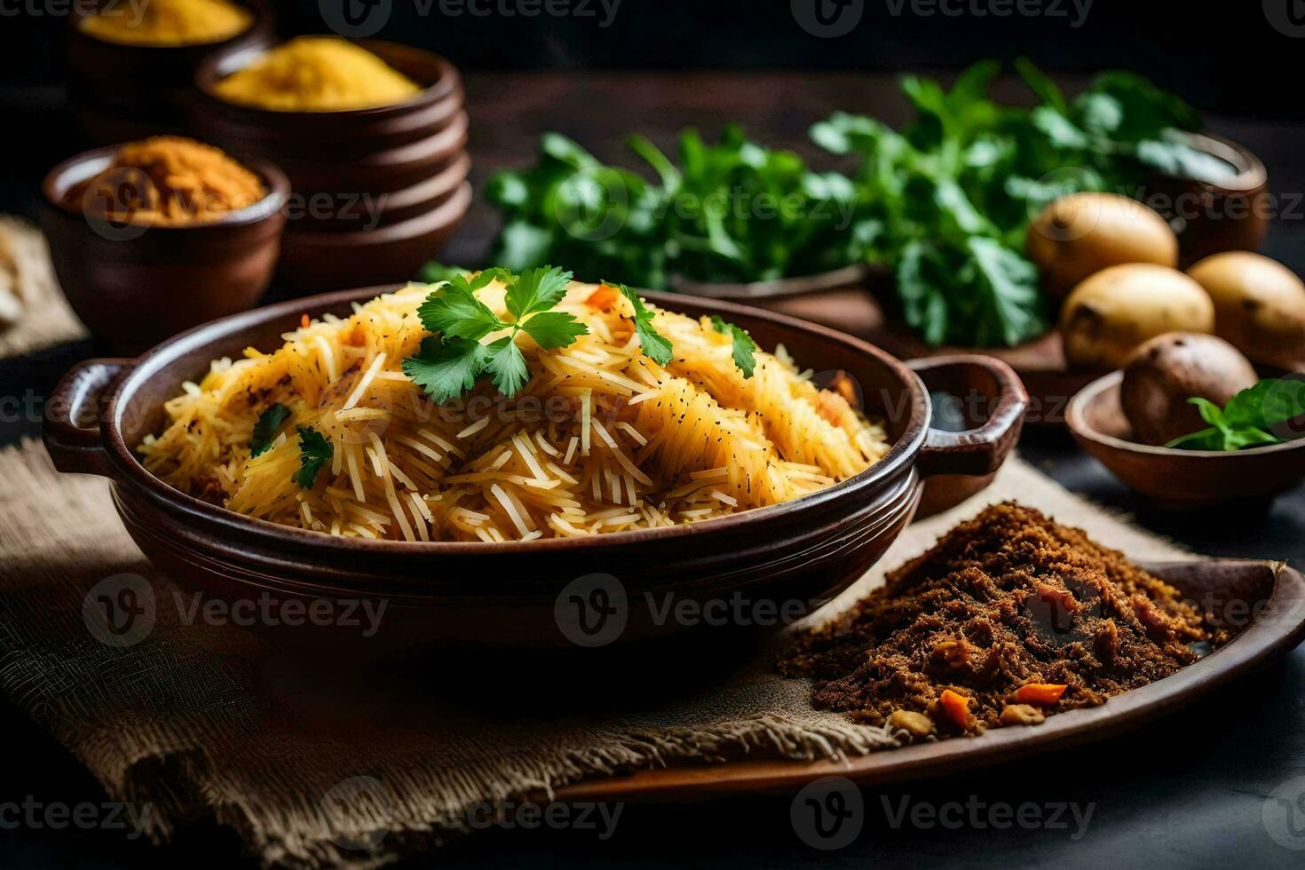 indisch Essen im ein Schüssel mit Gewürze und Gemüse. KI-generiert foto