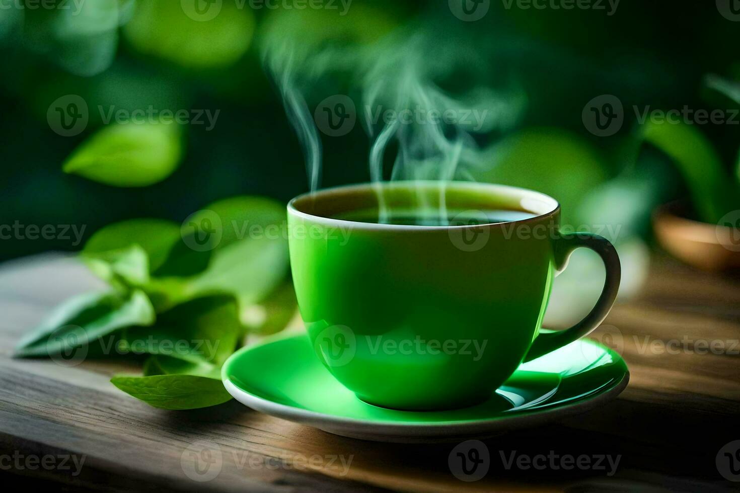 Grün Tee im ein Tasse auf ein hölzern Tisch. KI-generiert foto