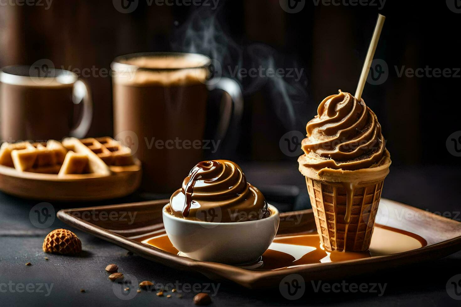 Schokolade Eis Sahne und Waffeln auf ein Platte. KI-generiert foto