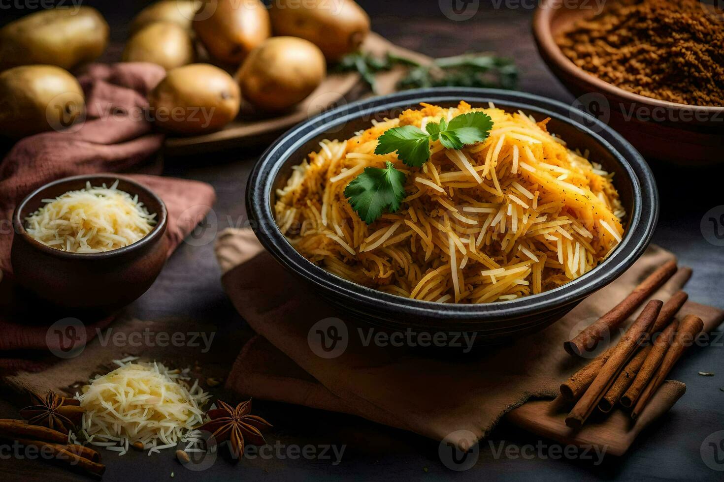 Spaghetti mit Kartoffeln und Gewürze. KI-generiert foto