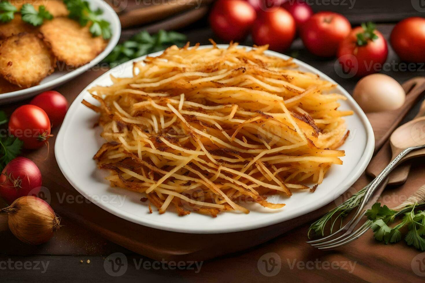 gebraten Kartoffeln mit Tomaten und Kräuter auf ein hölzern Tisch. KI-generiert foto