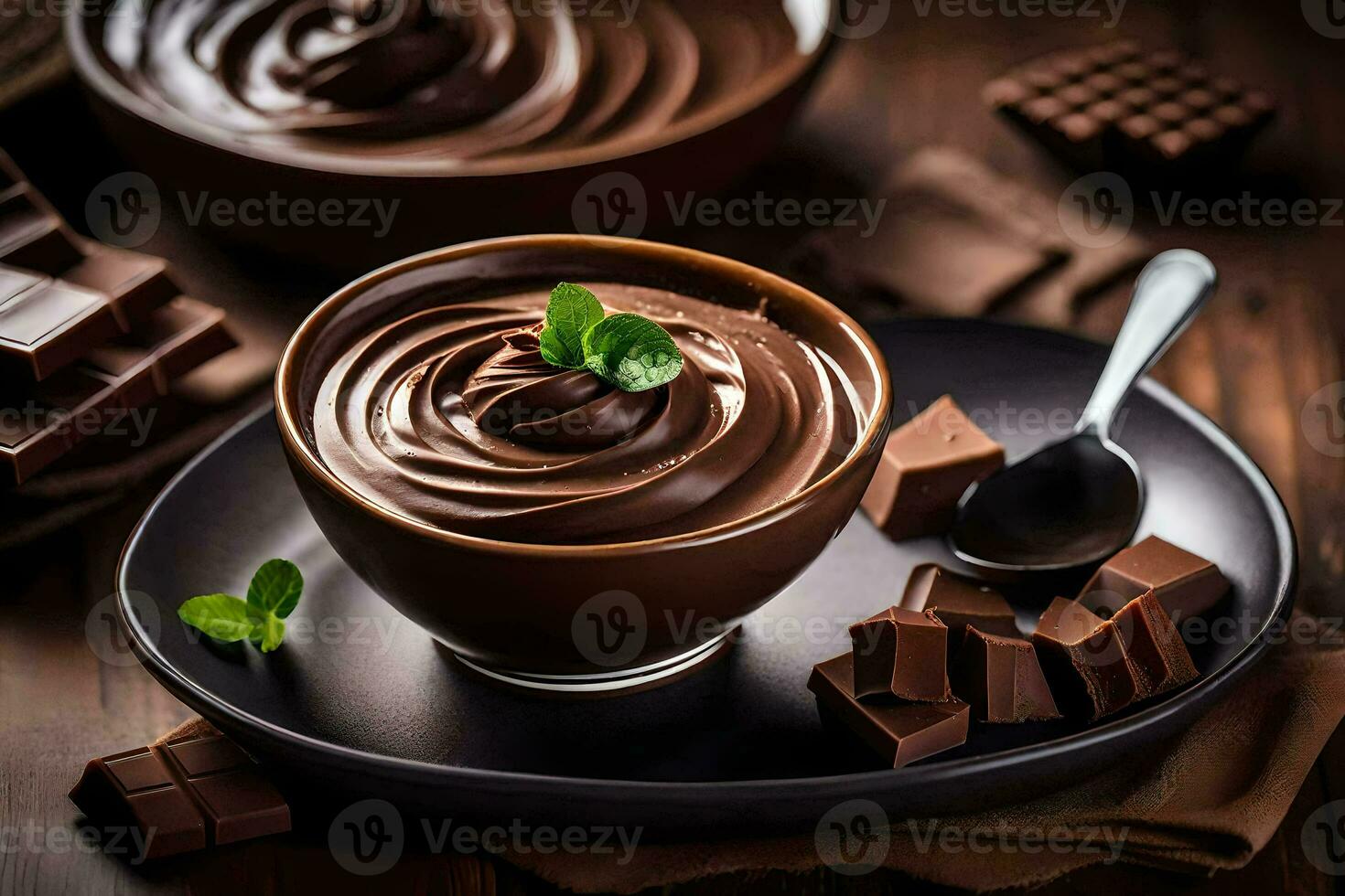 Schokolade Pudding mit Minze Blätter und Schokolade Stücke. KI-generiert foto