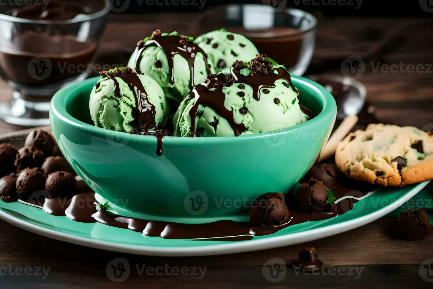 Schokolade Eis Sahne mit Kekse und Schokolade Soße. KI-generiert foto