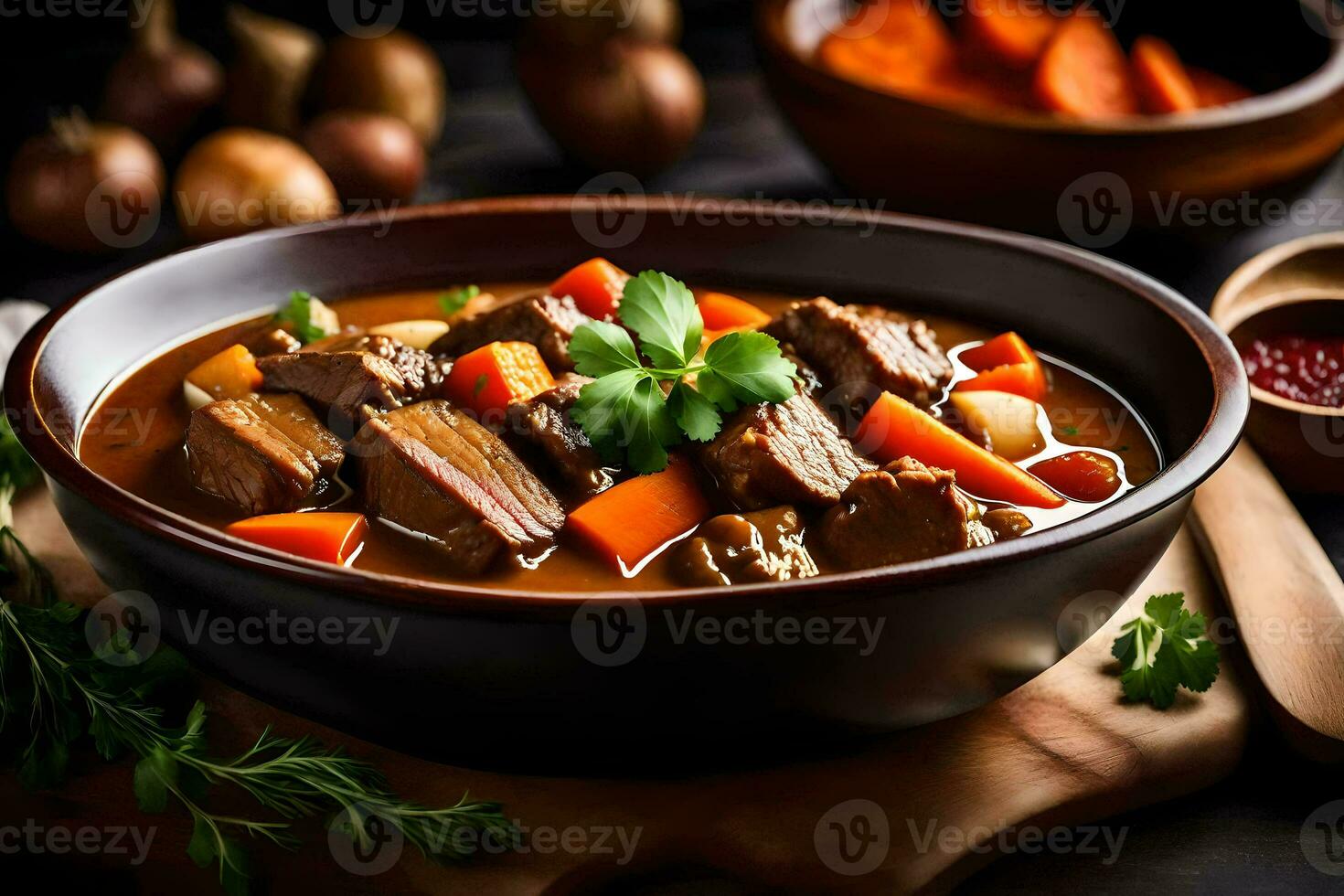 ein Schüssel von Rindfleisch Eintopf mit Möhren und Petersilie. KI-generiert foto