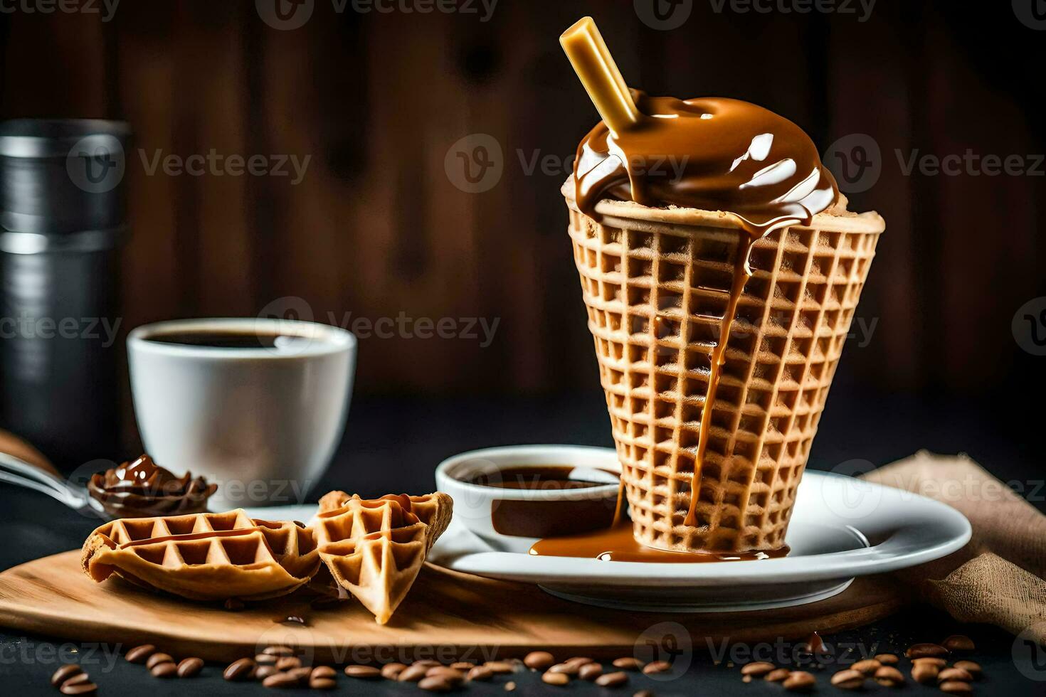 Schokolade Waffel mit Karamell und Kaffee Bohnen auf ein hölzern Tisch. KI-generiert foto