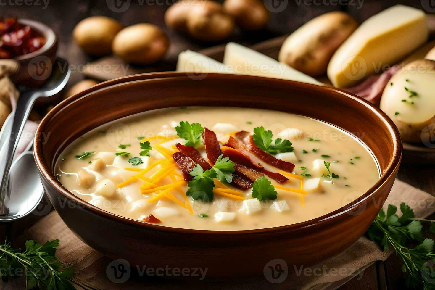 ein Schüssel von Kartoffel Suppe mit Speck, Käse und Kräuter. KI-generiert foto