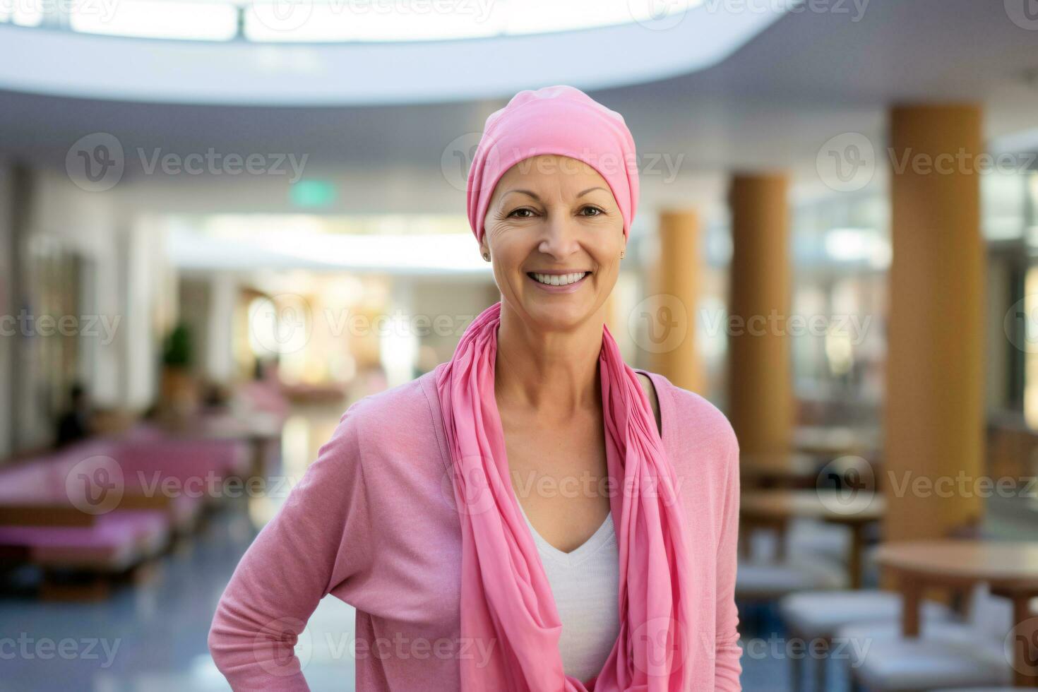 glücklich Krebs geduldig. lächelnd Frau nach Chemotherapie Behandlung beim Krankenhaus Onkologie Abteilung. Brust Krebs Erholung. Brust Krebs Überlebende. Porträt lächelnd kahl Frau. generativ ai. foto