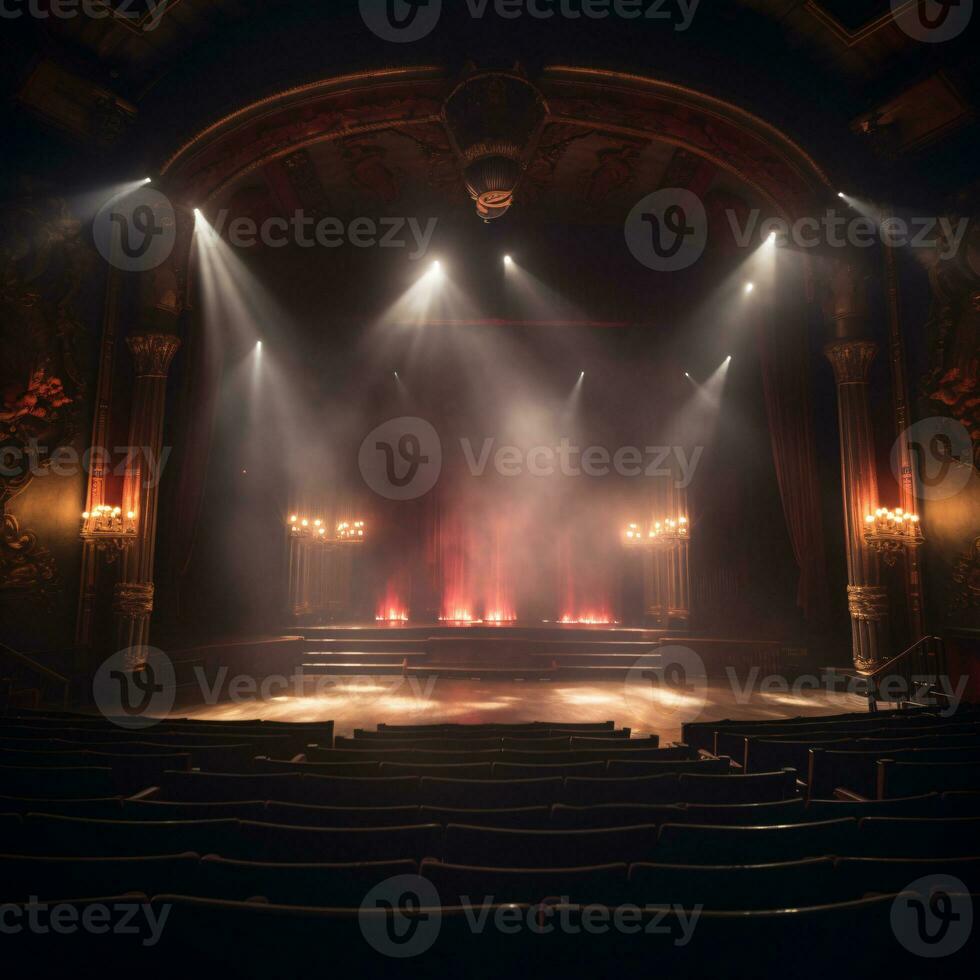 Theater Bühne Licht Hintergrund mit Scheinwerfer beleuchtet das Bühne zum Oper Leistung. leeren Bühne mit warm Ambiente Farben, Nebel, Rauch, Hintergrund Dekoration. Unterhaltung zeigen. generativ ai. foto