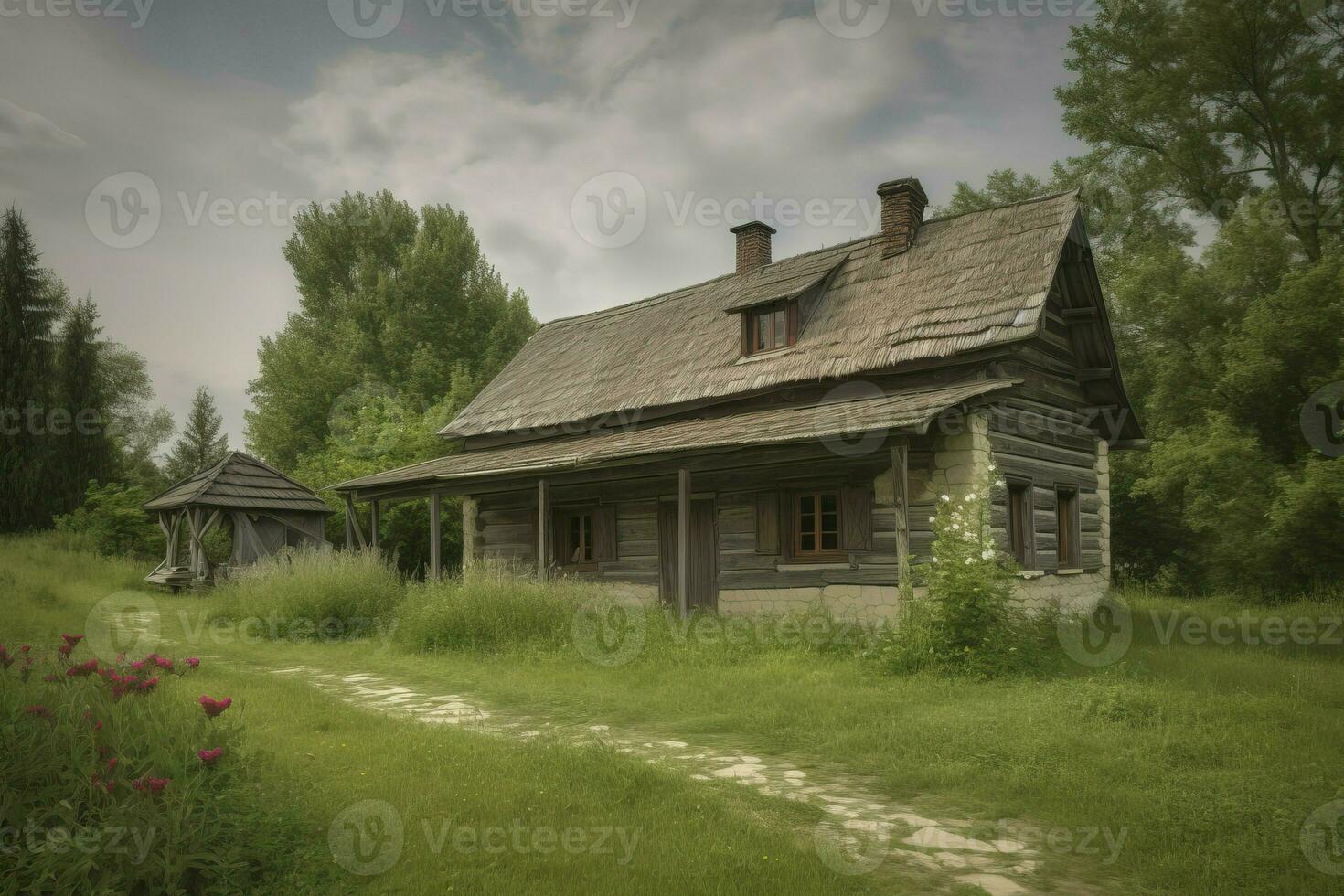 Vorort- ländlich Haus mit Grün Natur um. generieren ai foto