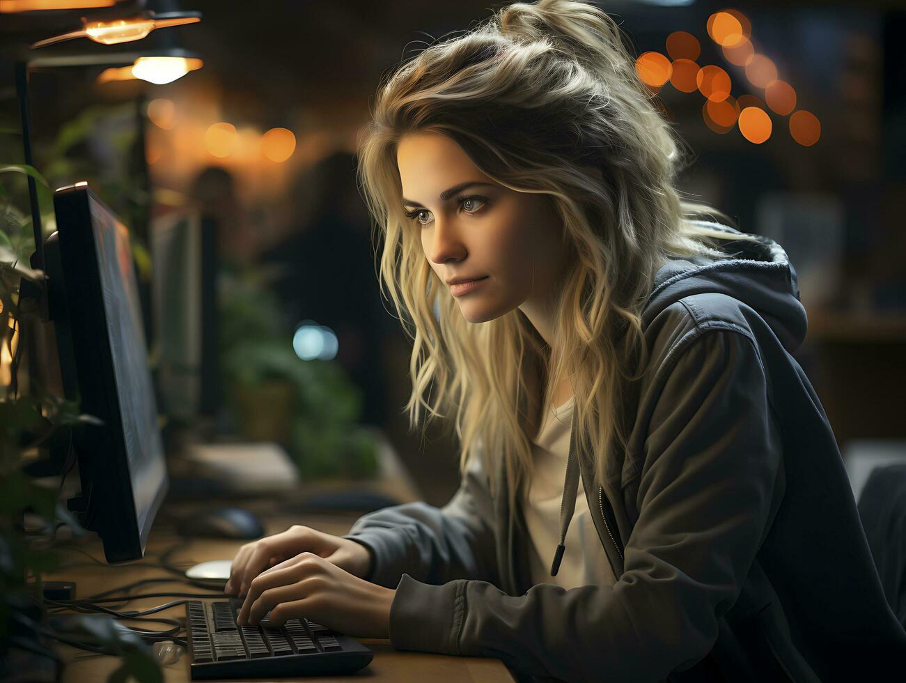 Nahansicht Bild von jung Fachmann weiblich Manager mit Laptop beim ihr Büro,. ai generiert foto