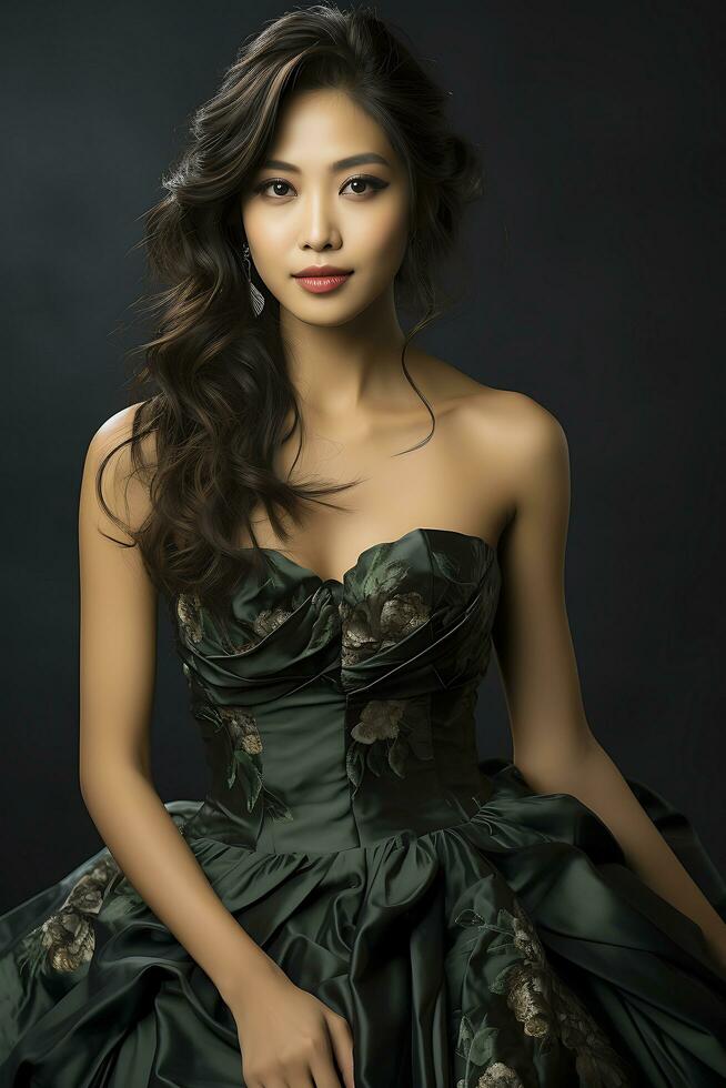 Porträt von ein asiatisch Frau im ein modisch Kleid auffällig ein Pose. ai generiert foto