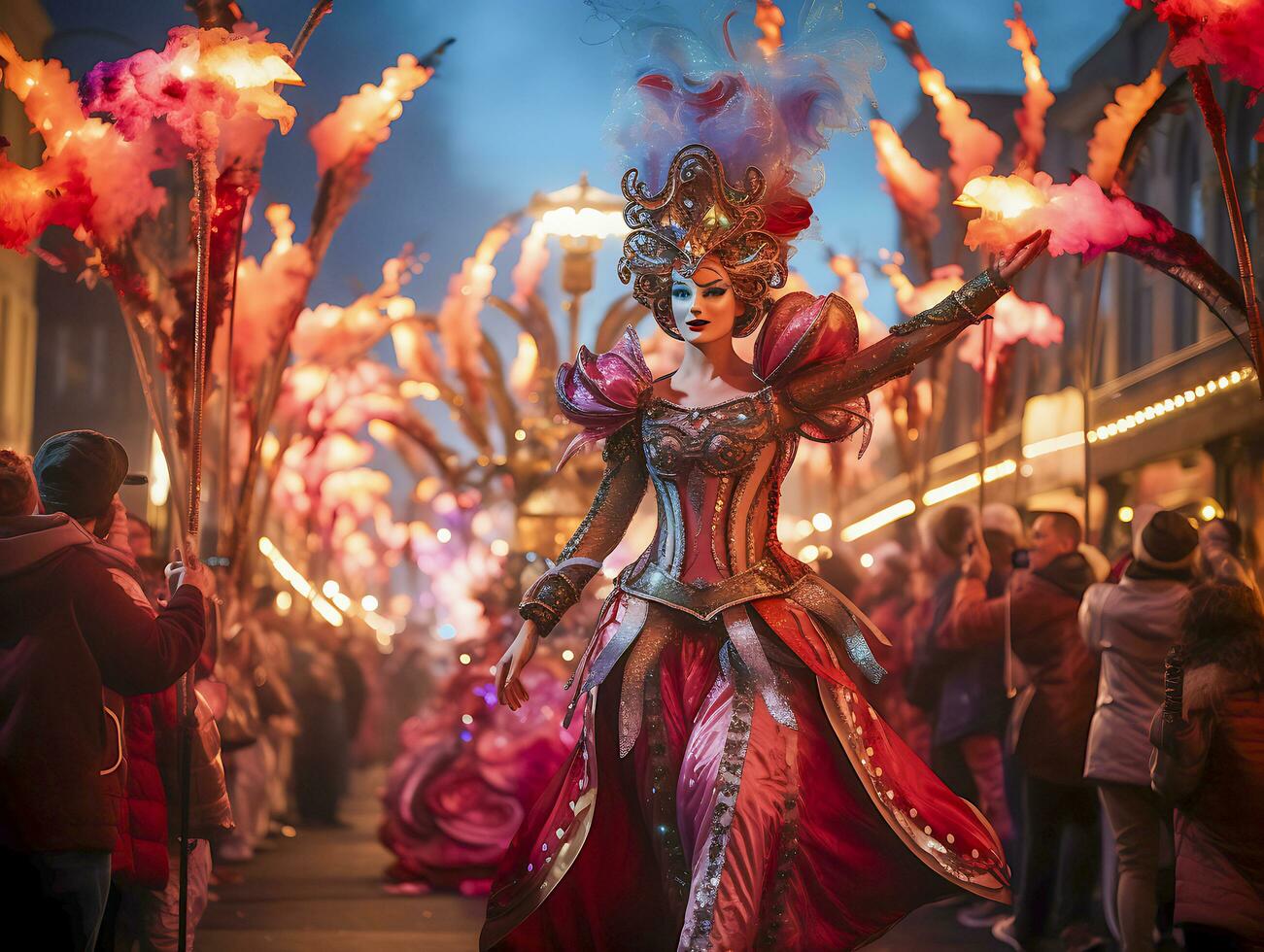 Menschen genießen Straße Karneval Festival, freunde Lachen draußen im Kostüme. notting Hügel Karneval Künstler. ai generiert foto