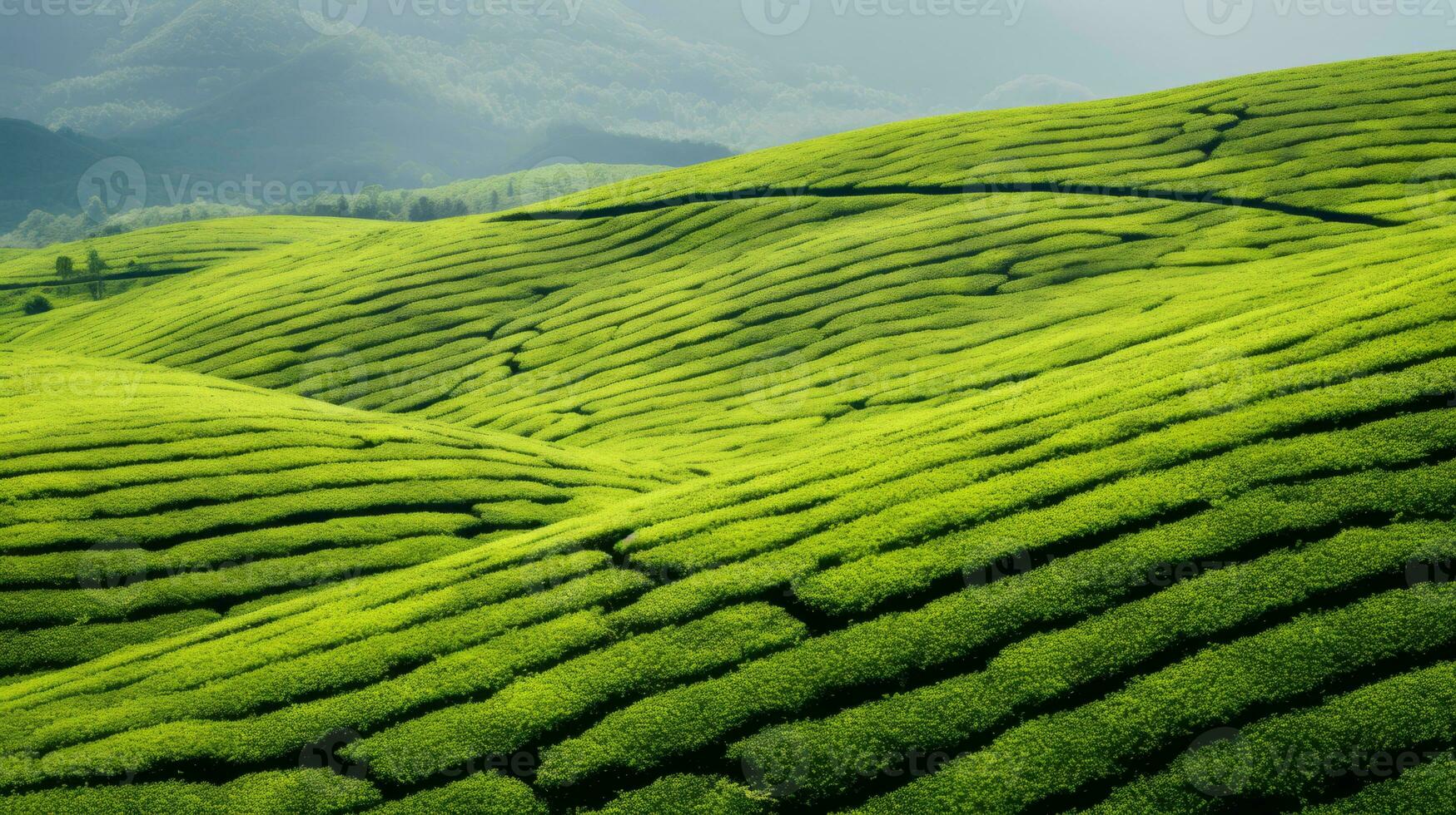 ai generiert Grün Tee Plantage, oben Aussicht Textur foto