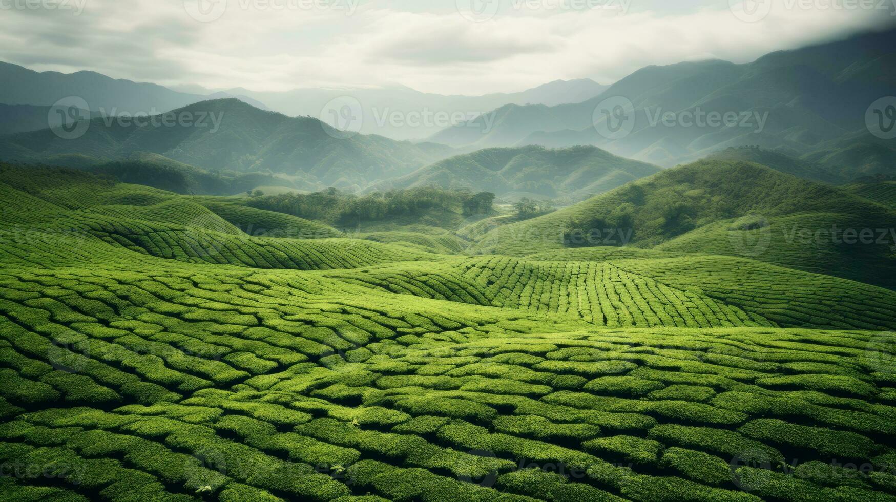 ai generiert Grün Tee Plantage, oben Aussicht Textur foto