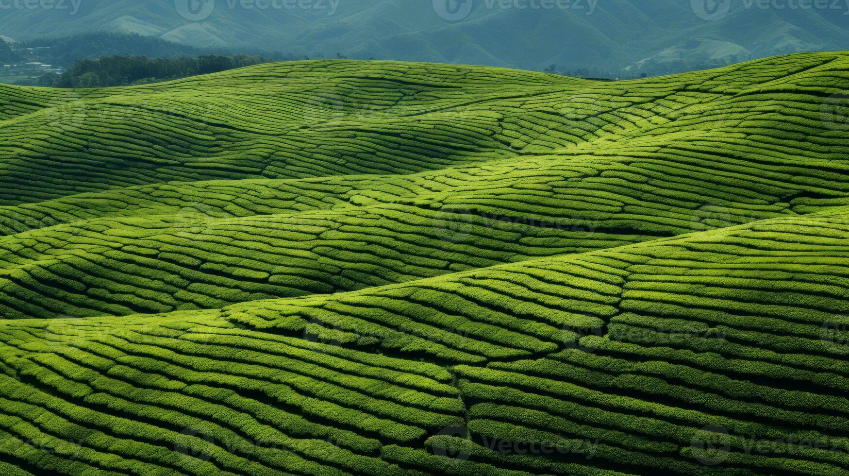 ai generiert Grün Tee Plantage, oben Aussicht Textur foto