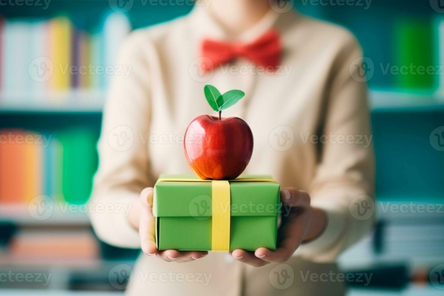 Lehrer Tag - - Lehrer halten ein Apfel Über ein Geschenk empfangen von Studenten auf Lehrer Tag. ai generieren foto