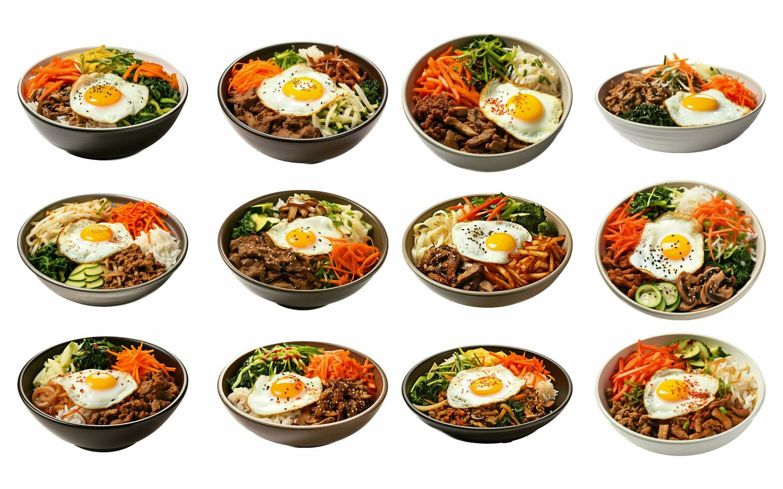 ai generiert bibimbap Sammlung isoliert auf Weiß Hintergrund foto