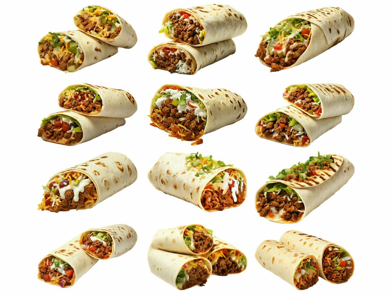 ai generiert Burritos Sammlung isoliert auf Weiß Hintergrund foto