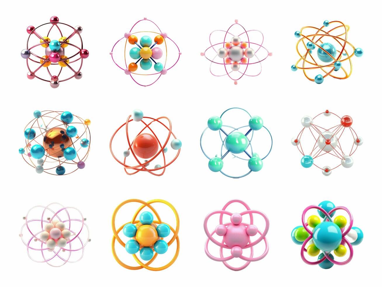 Atom Begleiter Sammlung isoliert auf Weiß Hintergrund mit ai generiert. foto