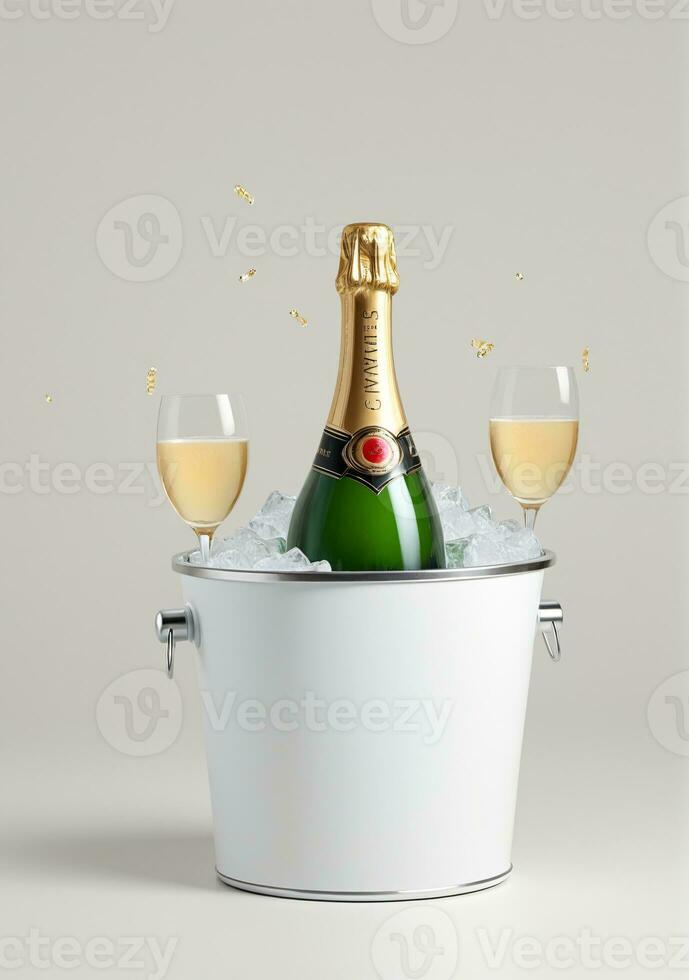ai generiert ein Flasche von Champagner im ein Kühler Eimer isoliert auf ein Weiß Hintergrund. ai generiert foto