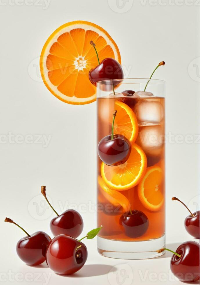 ai generiert ein Glas von Eis Tee mit Kirschen und ein Scheibe von Orange isoliert auf ein Weiß Hintergrund. ai generiert foto