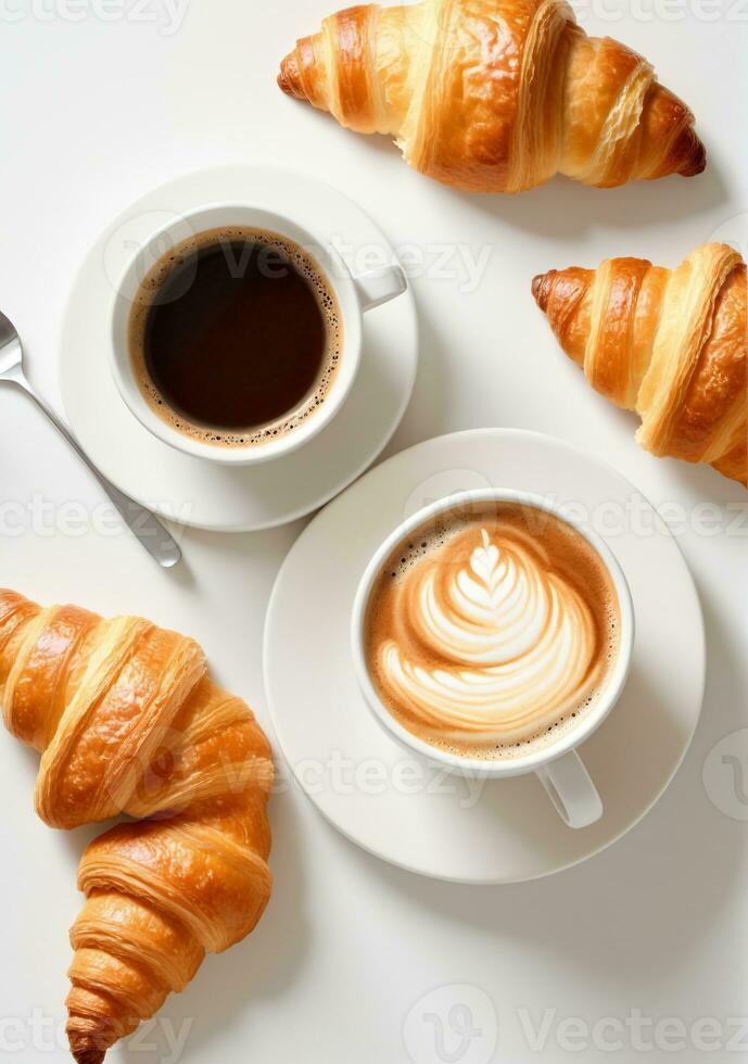 ai generiert ein Tasse von Kaffee und Croissant isoliert auf ein Weiß Hintergrund. ai generiert foto