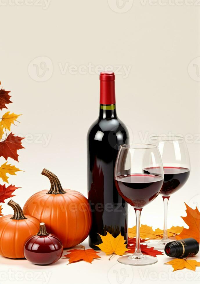 ai generiert Wein Brille mit ein rot Wein Flasche und Herbst Dekorationen isoliert auf ein Weiß Hintergrund. ai generiert foto