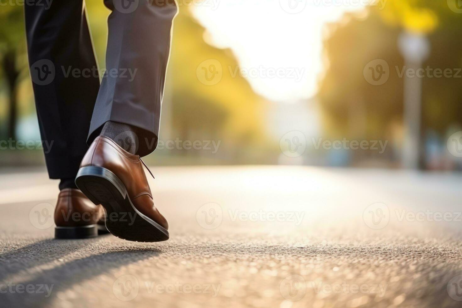 Beine von ein Geschäftsmann im modisch Schuhe Gehen draußen. Geschäft Konzept. Nahansicht Aussicht zu das Geschäftsmann im ein schwarz Neu Schuhe Spaziergänge auf das Straße. stilvoll Männer trägt. niedrig Winkel. generativ ai foto