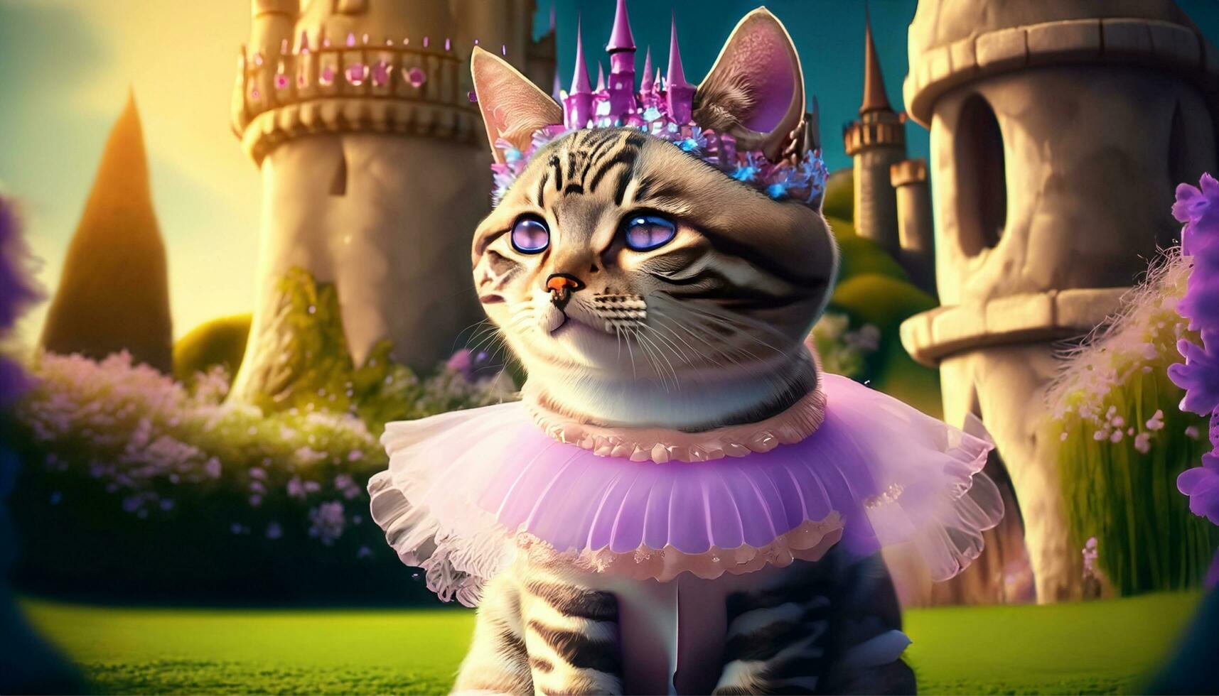 ai generiert Fantasie Bild von ein Katze tragen ein Tutu mit ein Schloss im das Hintergrund foto