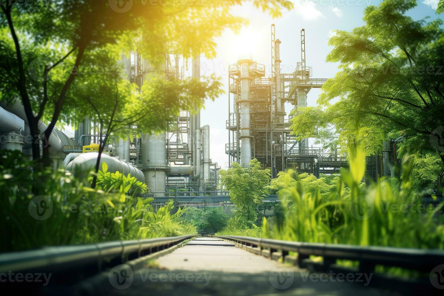 chemisch industriell Pflanze umgeben durch Grün Bäume und Blau Himmel auf ein Sommer- Tag. foto