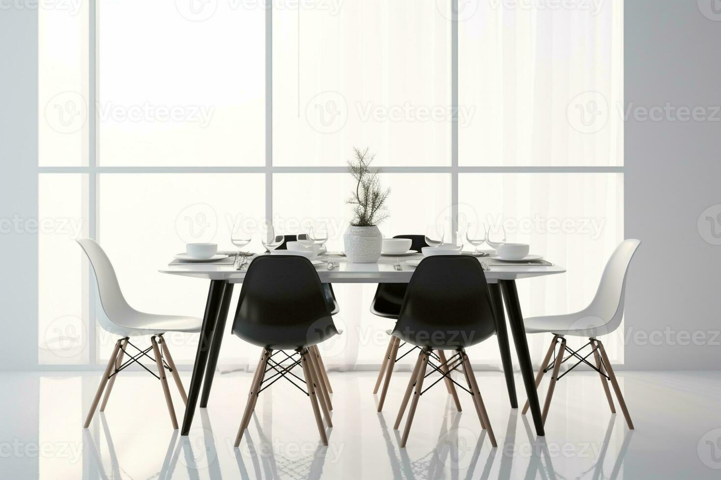 Essen Bereich Innere im schwarz und Weiß Farben. eames Stil Stühle Umgebung ein modern Essen Tabelle im ein einfarbig Einstellung. ai generiert foto