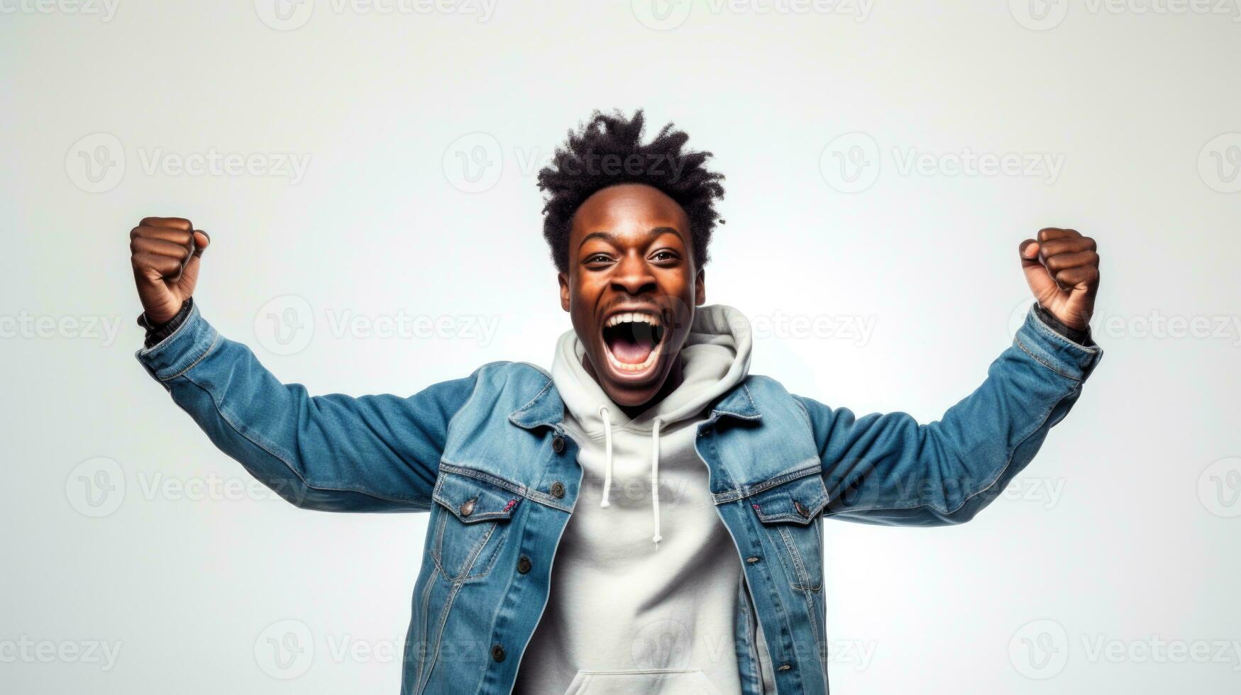 Porträt von heiter froh afrikanisch amerikanisch Mann behalten Hände oben feiern Leistung isoliert auf Weiß Hintergrund. generativ ai. foto