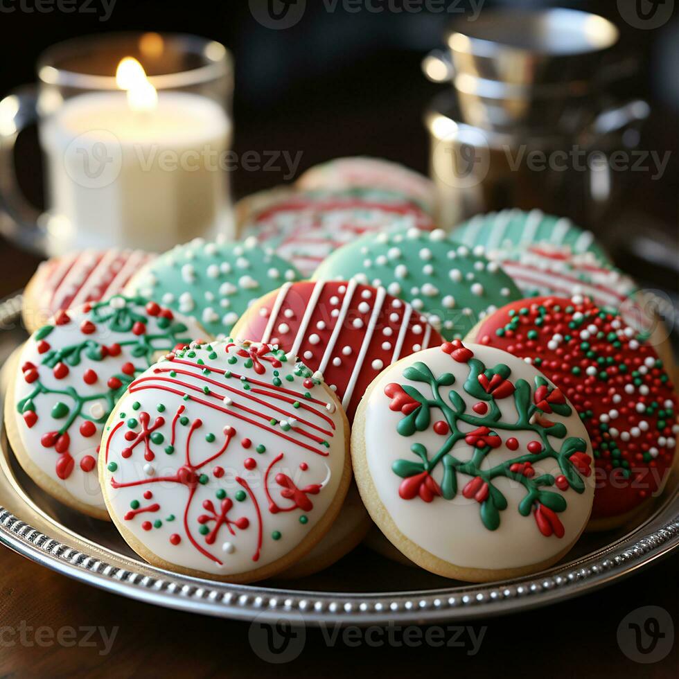 lecker Sortiment von lecker dekoriert Weihnachten Lebkuchen Ingwer Kekse. anders Farben. Weihnachten die Geschenke Werbung. foto