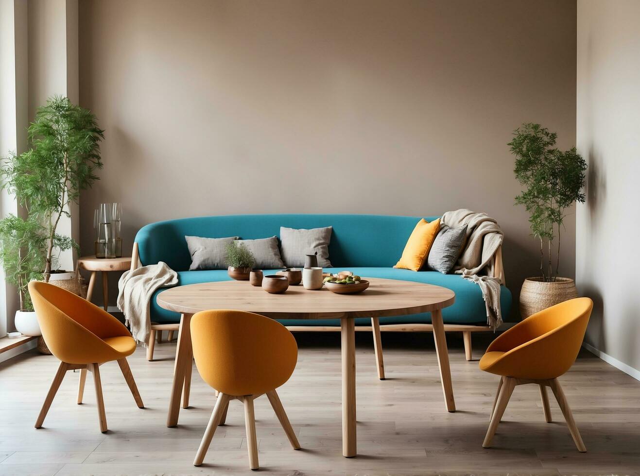 ai generiert einfach minimalistisch Essen Tabelle gemacht von Holz. mittelalterlich skandinavisch Haus Innere Design von modern Leben Zimmer. foto